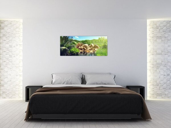 Obraz jazera v Seychelskej džungli (120x50 cm)