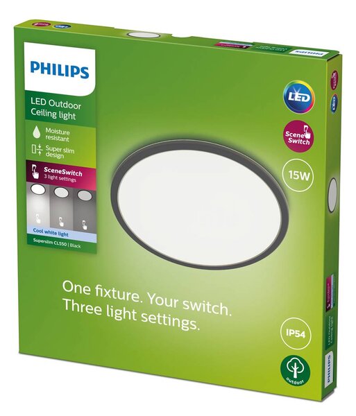 Philips SuperSlim LED IP54 Ø 25cm 4 000K čierna, Čierna, kov, Závesné svietidlo