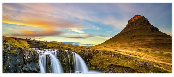 Obraz hory a vodopádov na Islande (120x50 cm)