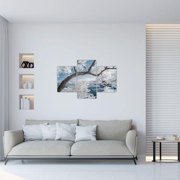 Obraz zasneženého stromu pri vode (90x60 cm)