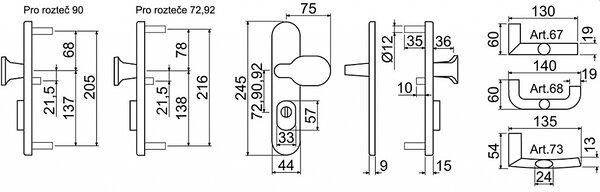 Bezpečnostné kovanie RICHTER R.711.ZB TB4 (NEREZ), kľučka-kľučka, Otvor na cylindrickú vložku PZ, RICHTER Nerez matný, 72 mm