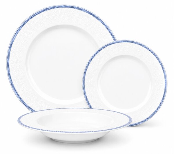 Opal krajka s modrou linkou – elegantná 18-dielna tanierová súprava z karlovarského porcelánu (Porcelánová súprava na 6 osôb)