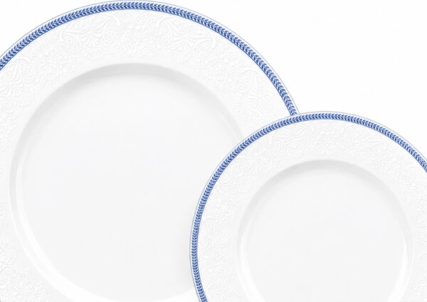 Opal krajka s modrou linkou – elegantná 18-dielna tanierová súprava z karlovarského porcelánu (Porcelánová súprava na 6 osôb)