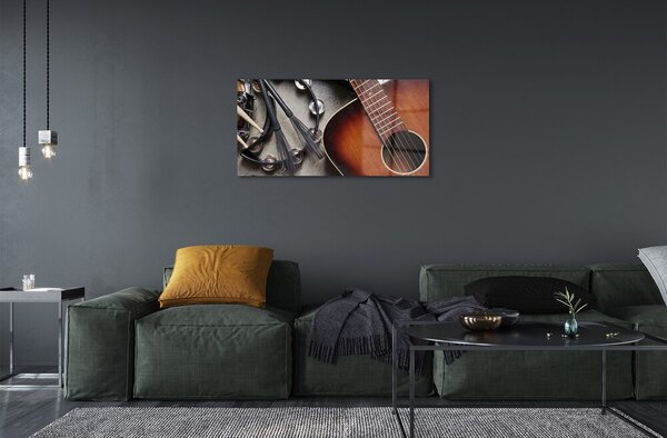 Obraz na skle Gitara Mikrofón tyčinky 100x50 cm 2 Prívesky