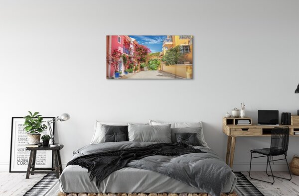 Sklenený obraz Grécko kvety budovy hore 100x50 cm 2 Prívesky