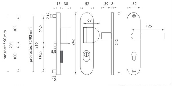 Zpevněné kovanie MP AXA Beta2 Plus (F1 - přírodní elox), kľučka-kľučka, PZ PLUS s otvorem pro vložku, MP F1 stříbrný elox, 72 mm