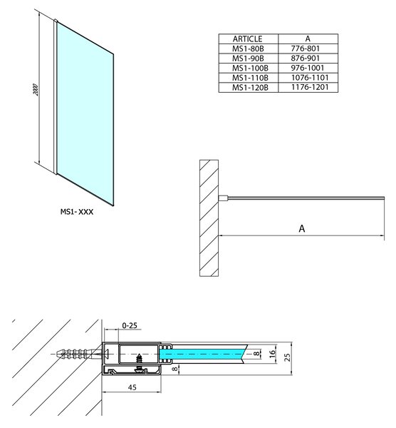 Polysan Polysan, MODULAR SHOWER BLACK stena na inštaláciu na múr, jednodielna, 800 mm, MS1-80B