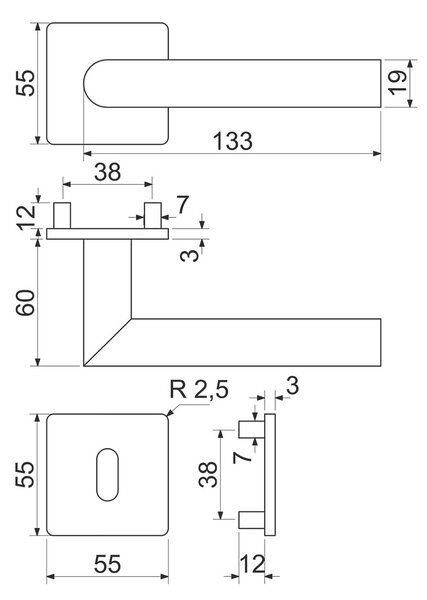 Dverové kovanie RICHTER RK.CML-FORM (MD), kľučka-kľučka, Otvor pre obyčajný kľúč BB, RICHTER Meď