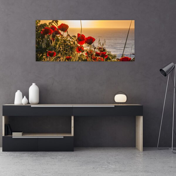 Obraz západu slnka s vlčími makmi (120x50 cm)