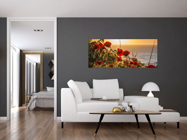 Obraz západu slnka s vlčími makmi (120x50 cm)