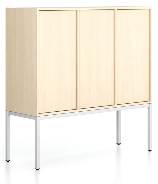 Kancelárska skriňa FRAME, nízka, biela podnož, 3x dvere, 1299 x 450 x 1331 mm, PUSH-lock, breza