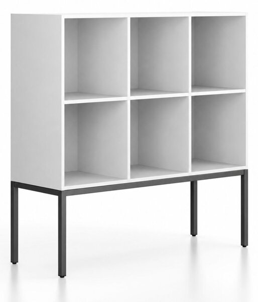 Regál FRAME, nízky, s čiernou podnožou, 1299 x 450 x 1331 mm, biela