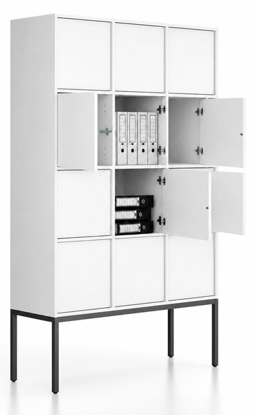 Kancelárska skriňa FRAME, čierna podnož, 12x dvere, 1299 x 450 x 2185 mm, PUSH-lock, biela