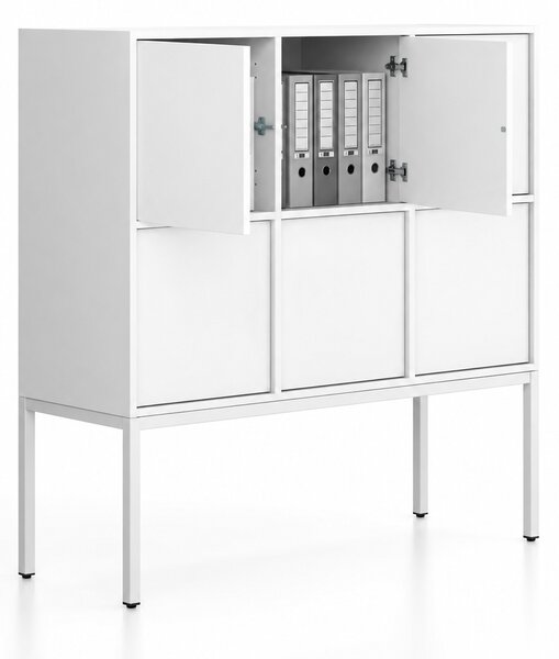 Kancelárska skriňa FRAME, nízka, biela podnož, 6x dvere, 1299 x 450 x 1331 mm, PUSH-lock, biela