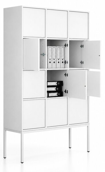 Kancelárska skriňa FRAME, biela podnož, 12x dvere, 1299 x 450 x 2185 mm, PUSH-lock, biela