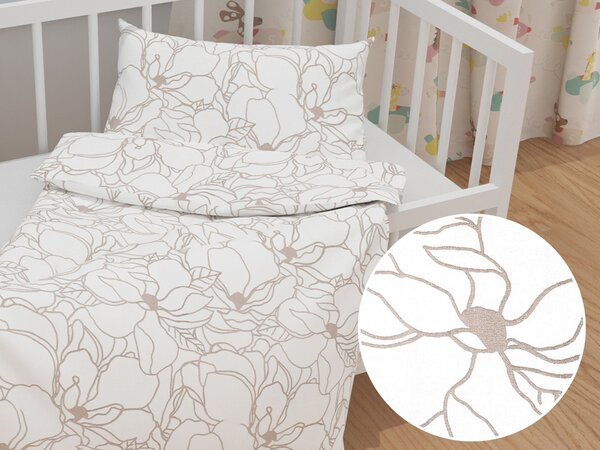 Biante Detské bavlnené posteľné obliečky do postieľky Sandra SA-268 Béžové designové kvety na bielom Do postieľky 90x130 a 40x60 cm