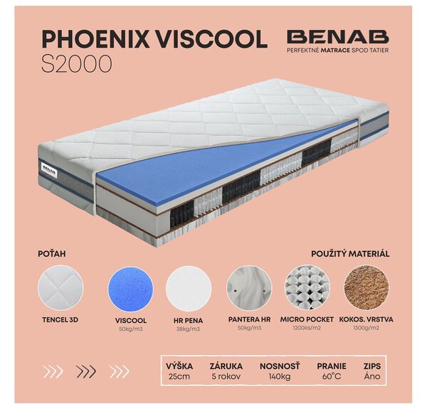 NovýNábytok.sk Taštičkový matrac Benab Perzeus Viscool S2000 200x160 cm (T3/T5). Vlastná spoľahlivá doprava až k Vám domov. 763569