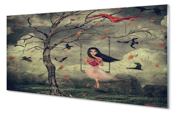 Nástenný panel  Strom vtáky mraky dievča rocková 100x50 cm