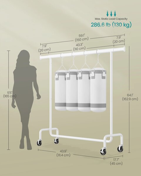 SONGMICS Pohyblivý vešiak na odevy s výsuvnou lištou, nosnosť 130 kg, 110–150 x 162,9 cm x 45 cm, biela