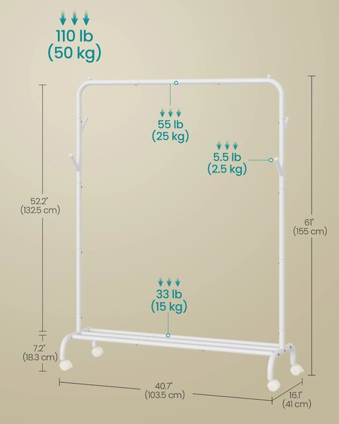SONGMICS Pohyblivý vešiak na odevy, maximálna nosnosť 50 kg, 104 x 155 x 41 cm, bielo-sivá