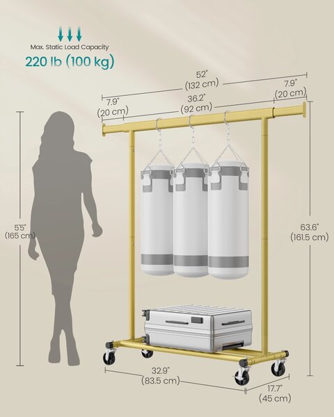 SONGMICS Pohyblivý vešiak na odevy, nosnosť 100 kg, 92–132 x 161,5 x 45 cm, zlatá