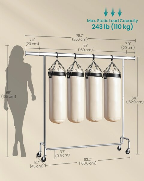 SONGMICS Pohyblivý vešiak na odevy s výsuvnou závesnou lištou, nosnosť 110 kg, 160–200 x 163 x 45 cm, strieborná
