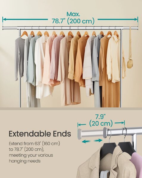 SONGMICS Pohyblivý vešiak na odevy s výsuvnou závesnou lištou, nosnosť 110 kg, 160–200 x 163 x 45 cm, strieborná