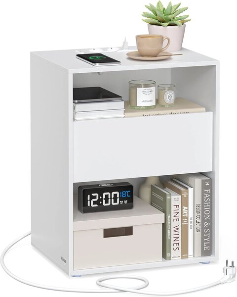 VASAGLE Nočný stolík s elektrickou a USB zásuvkovou lištou 45 x 58 x 35 cm biela