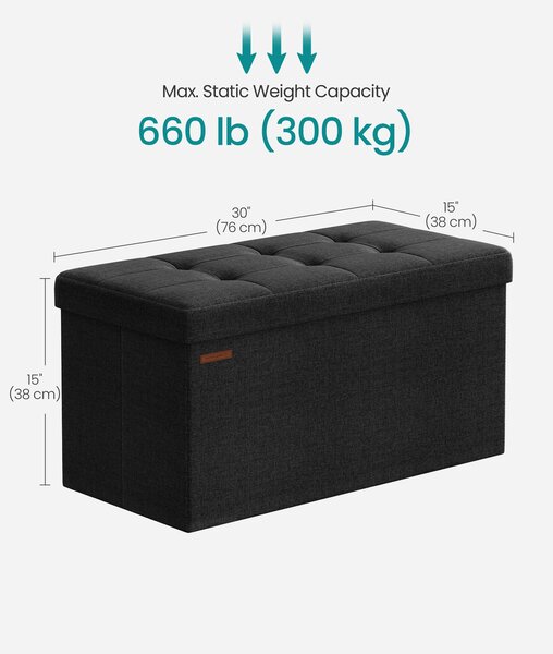 SONGMICS Taburet s úložným priestorom, nosnosť 300 kg, 89 l, 76 x 38 x 38 cm čierna