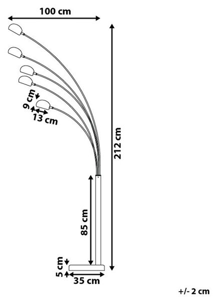 Stojaca lampa zlatá kovová chrómovaná 210 cm s 5 nastaviteľnými tienidlami oblúkový dizajn industriálny štýl