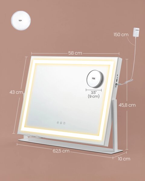 SONGMICS Kozmetické zrkadlo s LED pásikom, nabíjacími portmi, dotykovým ovládaním, 3 farbami svetla, stmievateľné, 58 x 43 cm, biele