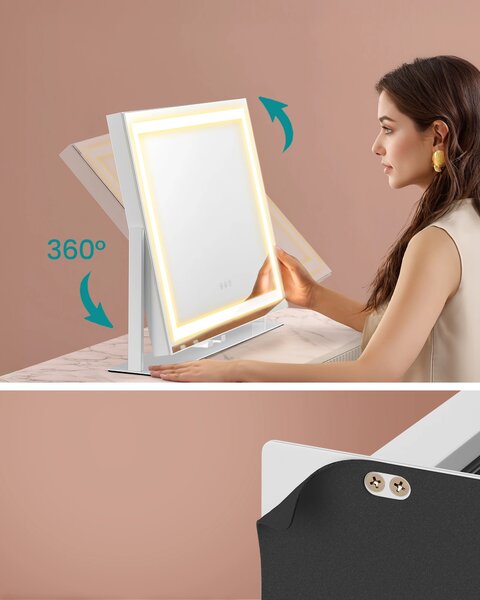 SONGMICS Kozmetické zrkadlo s LED pásikom, nabíjacími portmi, dotykovým ovládaním, 3 farbami svetla, stmievateľné, 58 x 43 cm, biele
