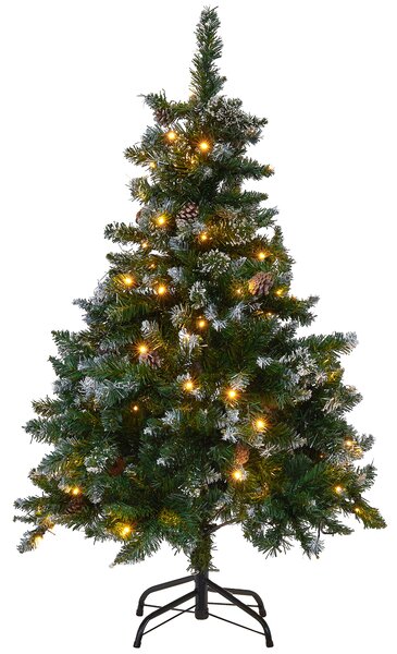Umelý vianočný stromček zelený syntetický materiál 120 cm vetvy so snehom LED svetielka borovicové šišky Vianoce doplnky