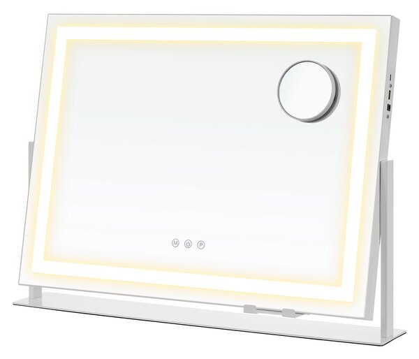 SONGMICS Kozmetické zrkadlo s LED pásikom, nabíjacími portmi, dotykovým ovládaním, 3 farbami svetla, stmievateľné, 58 x 43 cm, biele
