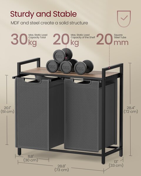 VASAGLE Dvojdielny koš na bielizeň s policou, 2 x 46 l, 73 x 72 x 33 cm, hnedá, sivá