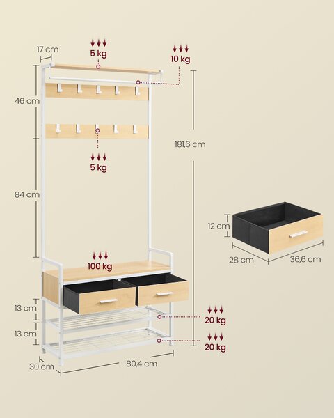 VASAGLE Vešiak na kabáty s odkladacou policou na topánky a dvoma zásuvkami 80 x 181,6 x 30 cm, zlatý dub