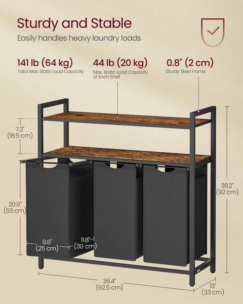 VASAGLE Koš na bielizeň 3 x 40 l s dvoma policami 92 x 92 x 33 cm hnedá čierna