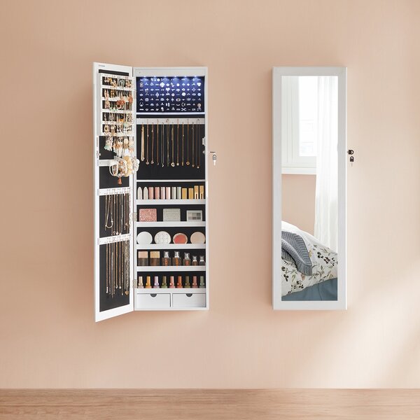 SONGMICS Nástenná zrkadlová šperkovnica s LED osvetlením 37 x 120 x 10 cm, biela