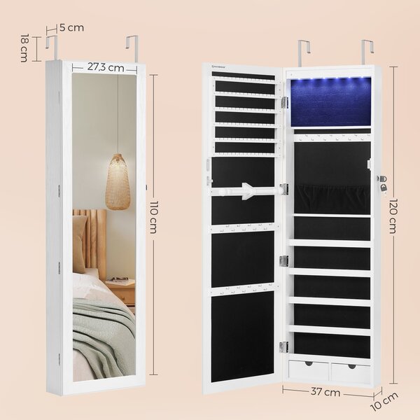 SONGMICS Nástenná zrkadlová šperkovnica s LED osvetlením 37 x 120 x 10 cm, biela