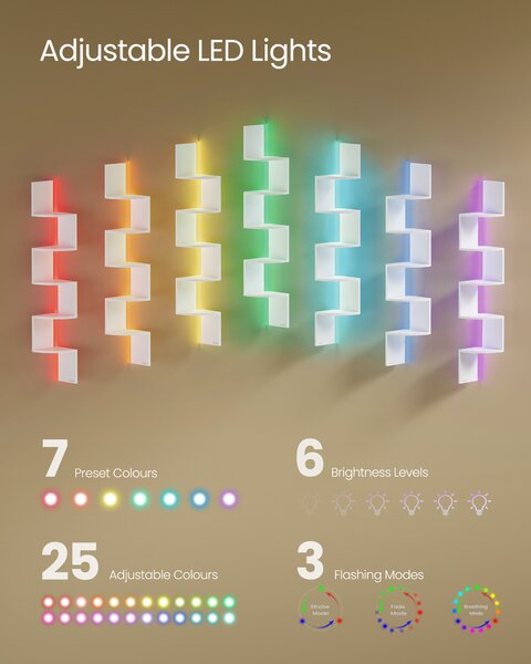 VASAGLE Nástenná rohová polica s RGB LED osvetlením 5 políc 20 x 126 x 20 cm biela