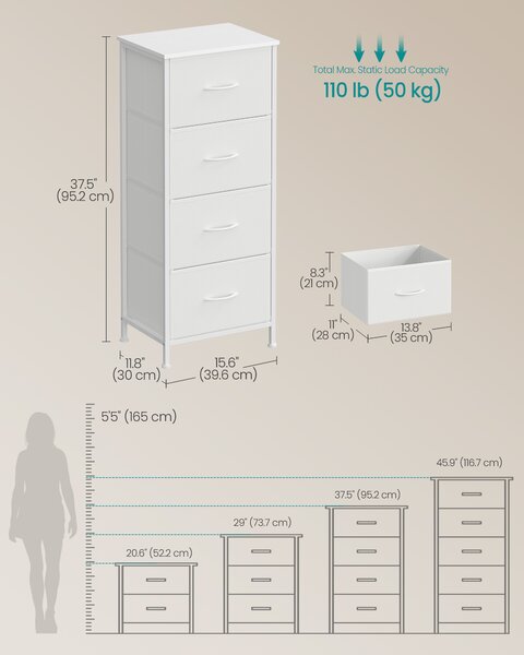 SONGMICS Komoda so 4 látkovými zásuvkami 40 x 95 x 30 cm biela