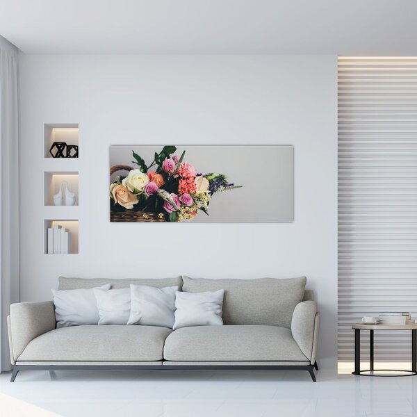 Obraz košíka s kvetinami (120x50 cm)