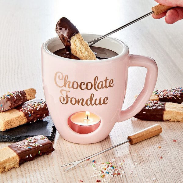 CHOCOLATE FONDUE Hrnček se 2 vidličkami - sv.ružová