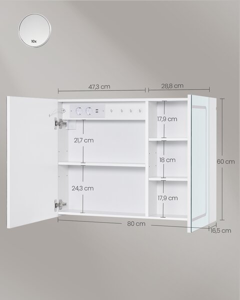VASAGLE Zrkadlová skrinka do kúpeľne s elektrickou zásuvkou, osvetlením 80 x 60 x 16,5 cm, biela, s odmlžovaním