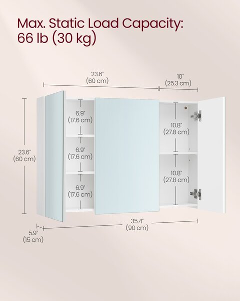 VASAGLE Zrkadlová kúpeľňová skrinka s 3 dvierkami, 60 x 90 x 15 cm, biela