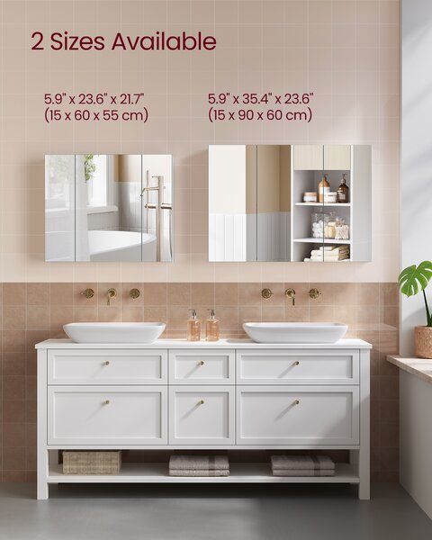 VASAGLE Zrkadlová kúpeľňová skrinka s 3 dvierkami, 60 x 90 x 15 cm, biela