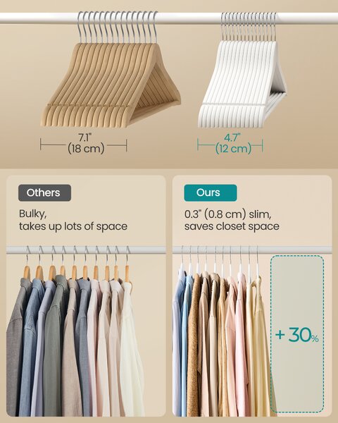 SONGMICS Drevené vešiaky 30 ks, otočné 43 cm, biele