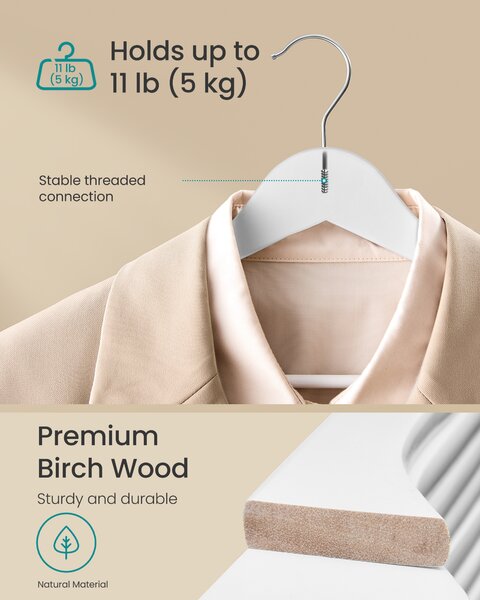 SONGMICS Drevené vešiaky 30 ks, otočné 43 cm, biele