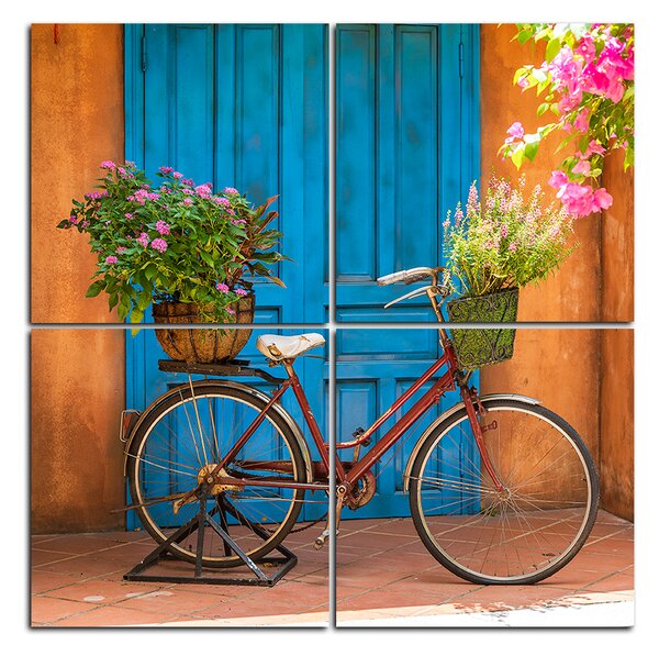Obraz na plátne - Pristavený bicykel s kvetmi - štvorec 374D (60x60 cm)