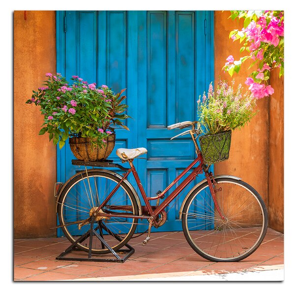 Obraz na plátne - Pristavený bicykel s kvetmi - štvorec 374A (50x50 cm)